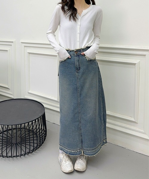 aimoha(アイモハ)の「【aimoha】フリンジヘムデニムマキシスカート(デニムスカート・レディース・ブルー・LARGE/X-LARGE/SMALL/MEDIUM)」の3枚目の写真