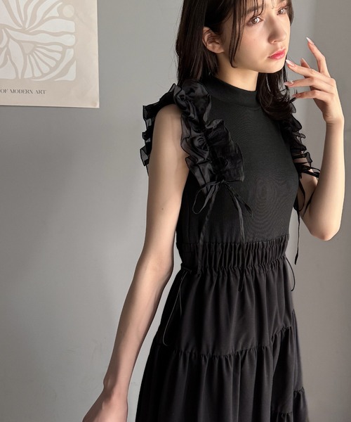 mily bilet(ミウィビレット)の「【mily bilet】一枚で大人可愛く決まる。フリル切り替えドッキングワンピース(ノースリーブ)(ワンピース・レディース・その他/ブラック・X-LARGE/SMALL/MEDIUM/LARGE)」の3枚目の写真