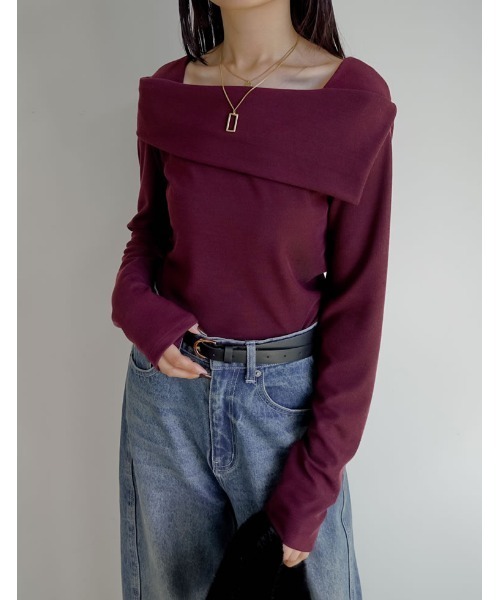 新色追加][ブラ紐隠し]スムースリブアシンメトリーオフショルダー