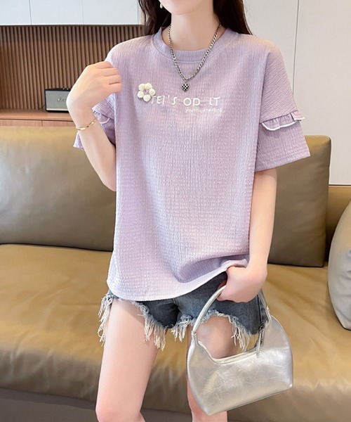 2ly2(トゥーリートゥー)の「さりげない可愛さ♪フリル&刺繍ロゴTシャツ(Tシャツ/カットソー・レディース・ブルー/アイボリー/ピンク/パープル・FREE)」の4枚目の写真