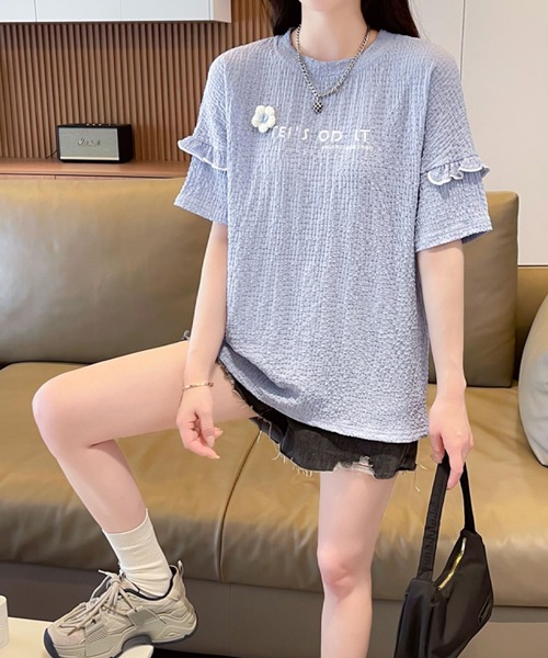 2ly2(トゥーリートゥー)の「さりげない可愛さ♪フリル&刺繍ロゴTシャツ(Tシャツ/カットソー・レディース・ブルー/アイボリー/ピンク/パープル・FREE)」の20枚目の写真