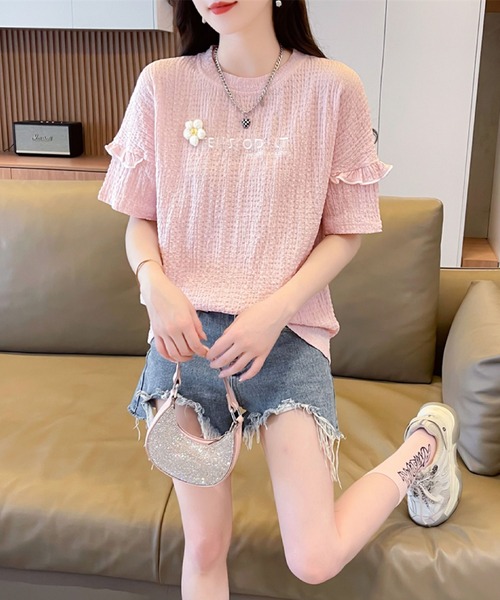 2ly2(トゥーリートゥー)の「さりげない可愛さ♪フリル&刺繍ロゴTシャツ(Tシャツ/カットソー・レディース・ブルー/アイボリー/ピンク/パープル・FREE)」の11枚目の写真