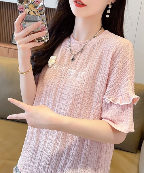 2ly2(トゥーリートゥー)の「さりげない可愛さ♪フリル&刺繍ロゴTシャツ(Tシャツ/カットソー・レディース・ブルー/アイボリー/ピンク/パープル・FREE)」の12枚目の写真