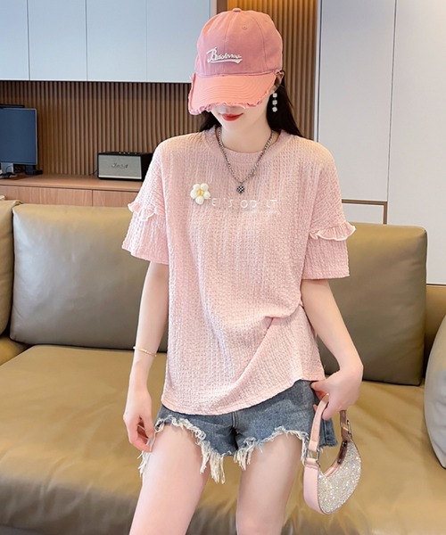2ly2(トゥーリートゥー)の「さりげない可愛さ♪フリル&刺繍ロゴTシャツ(Tシャツ/カットソー・レディース・ブルー/アイボリー/ピンク/パープル・FREE)」の5枚目の写真