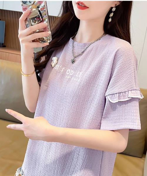 2ly2(トゥーリートゥー)の「さりげない可愛さ♪フリル&刺繍ロゴTシャツ(Tシャツ/カットソー・レディース・ブルー/アイボリー/ピンク/パープル・FREE)」の16枚目の写真