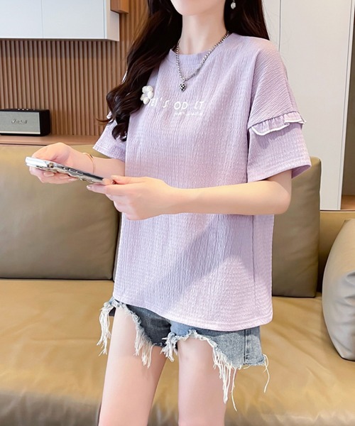 2ly2(トゥーリートゥー)の「さりげない可愛さ♪フリル&刺繍ロゴTシャツ(Tシャツ/カットソー・レディース・ブルー/アイボリー/ピンク/パープル・FREE)」の17枚目の写真