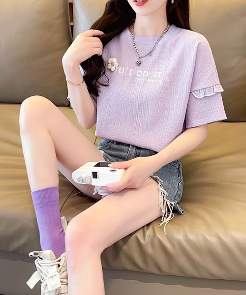 2ly2(トゥーリートゥー)の「さりげない可愛さ♪フリル&刺繍ロゴTシャツ(Tシャツ/カットソー・レディース・ブルー/アイボリー/ピンク/パープル・FREE)」の18枚目の写真