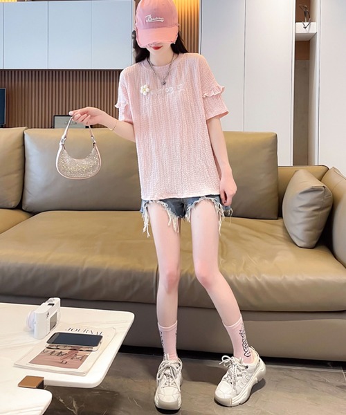 2ly2(トゥーリートゥー)の「さりげない可愛さ♪フリル&刺繍ロゴTシャツ(Tシャツ/カットソー・レディース・ブルー/アイボリー/ピンク/パープル・FREE)」の7枚目の写真