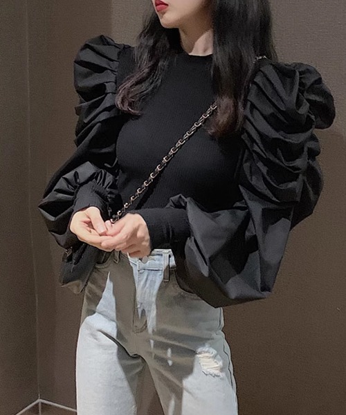 FREE STYLISTS(フリー スタイリスト)の「異素材ドッキング タックシャーリングパフスリーブ ニットブラウス(シャツ/ブラウス・レディース・ホワイト/ブラック/ボルドー/オレンジ・FREE)」の8枚目の写真