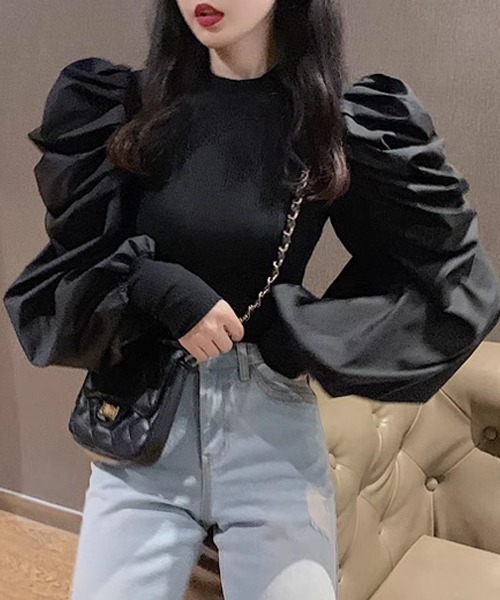 FREE STYLISTS(フリー スタイリスト)の「異素材ドッキング タックシャーリングパフスリーブ ニットブラウス(シャツ/ブラウス・レディース・ホワイト/ブラック/ボルドー/オレンジ・FREE)」の12枚目の写真