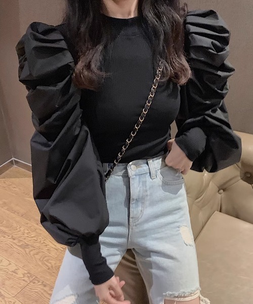 FREE STYLISTS(フリー スタイリスト)の「異素材ドッキング タックシャーリングパフスリーブ ニットブラウス(シャツ/ブラウス・レディース・ホワイト/ブラック/ボルドー/オレンジ・FREE)」の13枚目の写真