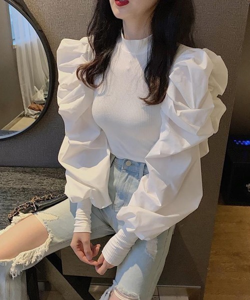 FREE STYLISTS(フリー スタイリスト)の「異素材ドッキング タックシャーリングパフスリーブ ニットブラウス(シャツ/ブラウス・レディース・ホワイト/ブラック/ボルドー/オレンジ・FREE)」の18枚目の写真
