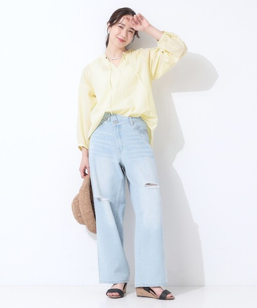 SHOO・LA・RUE（シューラルー）の「【洗える/S-LL/UV/吸水速乾】洗濯後しわになりにくいリネンブレンド ブラウス（シャツ/ブラウス・レディース・ホワイト/ピンク系/ライトイエロー系/ブルー系7・02/01/04/03）」の6枚目の写真