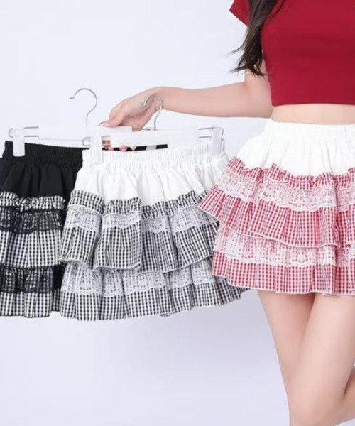 セール】ギンガムチェックティアードミニスカート（スカート）｜GEMEDA