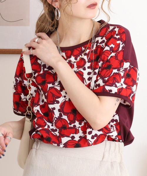 BRODIAEA(ブローディア)の「BRODIAEA リバティプリント半袖Tシャツ 大花柄×無地切り替えカットソー日本製(Tシャツ/カットソー・レディース・エメラルド/グレー/ワインレッド・40)」の13枚目の写真