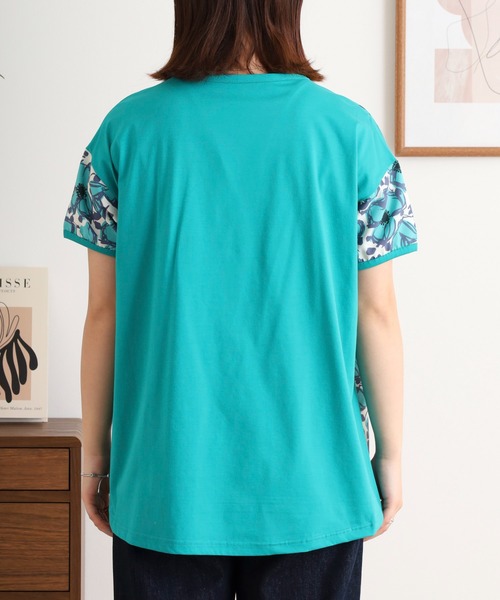 tシャツ BRODIAEA リバティプリント半袖Ｔシャツ 大花柄×無地切り替えカットソー日本製 レディース セール】BRODIAEA リバティプリント半袖Tシャツ 大花柄×無地