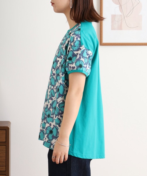 tシャツ BRODIAEA リバティプリント半袖Ｔシャツ 大花柄×無地切り替えカットソー日本製 レディース セール】BRODIAEA リバティプリント半袖Tシャツ 大花柄×無地