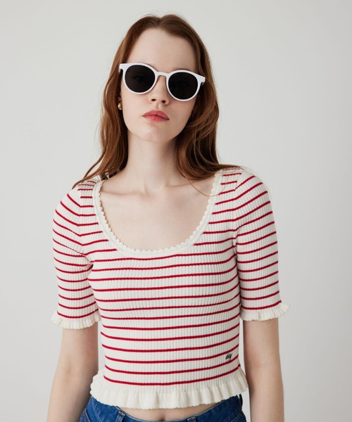 DEICY（デイシー）の「コンパクトボーダーリブニット（ニット/セーター・レディース・レッド/ブラック/サックスブルー・FREE）」の3枚目の写真