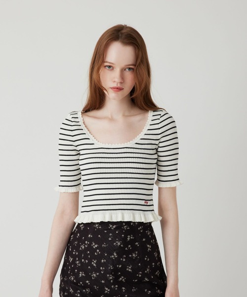 DEICY（デイシー）の「コンパクトボーダーリブニット（ニット/セーター・レディース・レッド/ブラック/サックスブルー・FREE）」の2枚目の写真