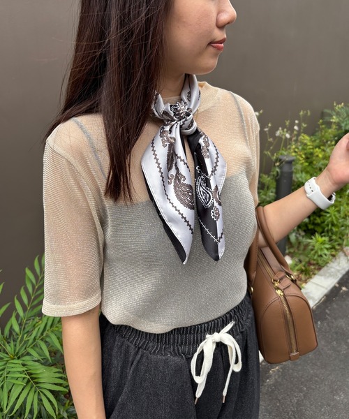 ISOOK（アイスー）の「【ISOOK / アイスー】シアーラメプチハイネックトップス / ラメトップス シアートップス オケージョン シアーT ブラウス スタンドカラー 半袖 夏服 夏トップス 春服 春トップス ZOZOTOWN限定（Tシャツ/カットソー・レディース・ネイビー/シャンパン/ブラック・FREE）」の3枚目の写真