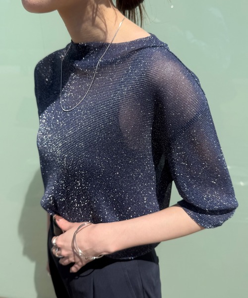 ISOOK（アイスー）の「【ISOOK / アイスー】シアーラメプチハイネックトップス / ラメトップス シアートップス オケージョン シアーT ブラウス スタンドカラー 半袖 夏服 夏トップス 春服 春トップス ZOZOTOWN限定（Tシャツ/カットソー・レディース・ネイビー/シャンパン/ブラック・FREE）」の11枚目の写真