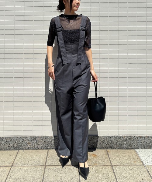 ISOOK（アイスー）の「【ISOOK / アイスー】シアーラメプチハイネックトップス / ラメトップス シアートップス オケージョン シアーT ブラウス スタンドカラー 半袖 夏服 夏トップス 春服 春トップス ZOZOTOWN限定（Tシャツ/カットソー・レディース・ネイビー/シャンパン/ブラック・FREE）」の4枚目の写真