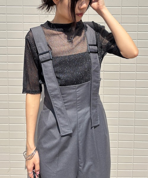 ISOOK（アイスー）の「【ISOOK / アイスー】シアーラメプチハイネックトップス / ラメトップス シアートップス オケージョン シアーT ブラウス スタンドカラー 半袖 夏服 夏トップス 春服 春トップス ZOZOTOWN限定（Tシャツ/カットソー・レディース・ネイビー/シャンパン/ブラック・FREE）」の16枚目の写真