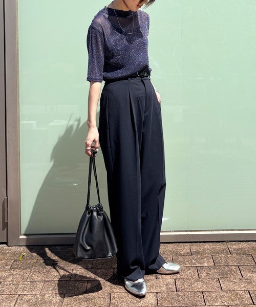 ISOOK（アイスー）の「【ISOOK / アイスー】シアーラメプチハイネックトップス / ラメトップス シアートップス オケージョン シアーT ブラウス スタンドカラー 半袖 夏服 夏トップス 春服 春トップス ZOZOTOWN限定（Tシャツ/カットソー・レディース・ネイビー/シャンパン/ブラック・FREE）」の14枚目の写真