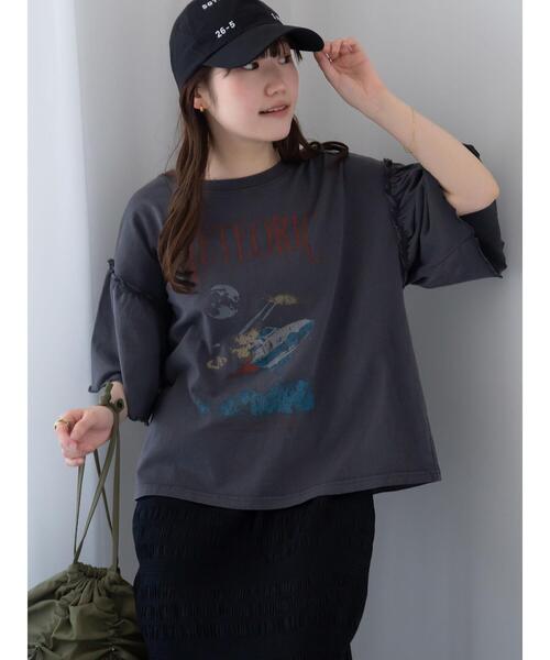 ehka sopo（エヘカソポ）の「ヴィンテージ加工プリントTシャツ（Tシャツ/カットソー・レディース・チャコールグレー/ブルー/オフホワイト・F）」の8枚目の写真