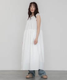 ノースリーブギャザーロングワンピース/ノースリーブ 肩リボン ワンピース ミドル丈 ロング 夏服 春服 秋服 韓国 ノームコア カジュアル シティガール ホワイト ブラック 無地