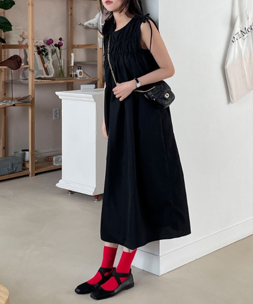 ノースリーブギャザーロングワンピース/ノースリーブ 肩リボン