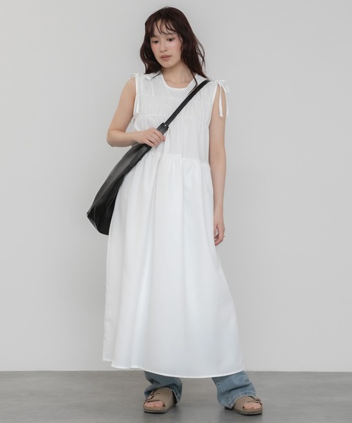 セール】ノースリーブギャザーロングワンピース/ノースリーブ 肩