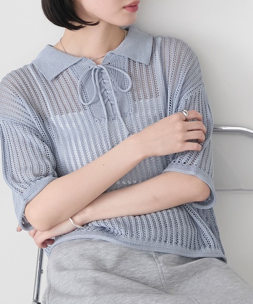 セール】【forksy.】衿付きレースアップ メッシュ サマーニット