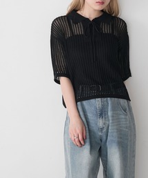【forksy.】衿付きレースアップ メッシュ サマーニットポロシャツ