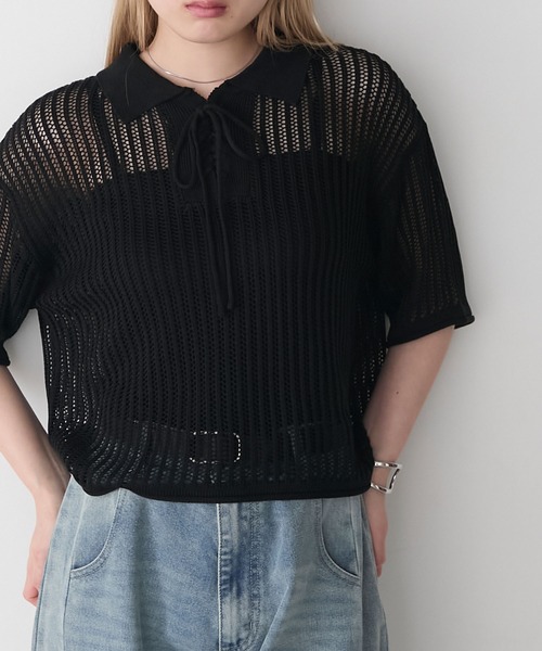 forksy.（フォルクシー）の「【forksy.】衿付きレースアップ メッシュ サマーニットポロシャツ（ポロシャツ・レディース・ブルーグレー/ブラック/オフホワイト・FREE）」の8枚目の写真