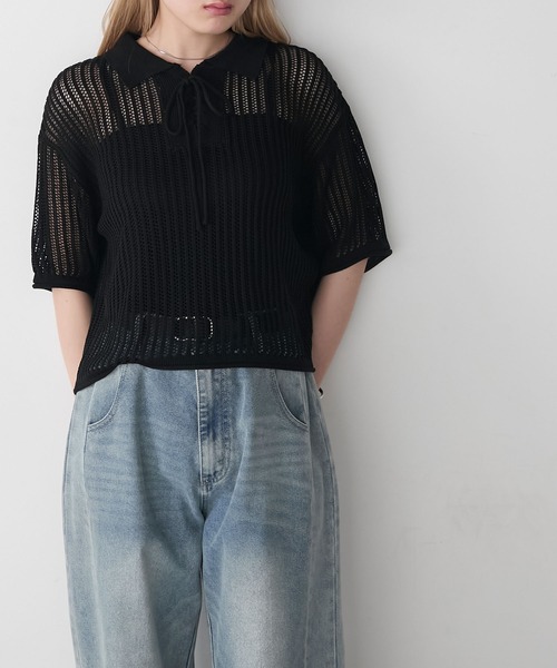 forksy.（フォルクシー）の「【forksy.】衿付きレースアップ メッシュ サマーニットポロシャツ（ポロシャツ・レディース・ブルーグレー/ブラック/オフホワイト・FREE）」の9枚目の写真