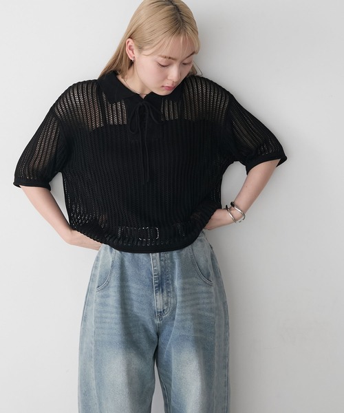 forksy.（フォルクシー）の「【forksy.】衿付きレースアップ メッシュ サマーニットポロシャツ（ポロシャツ・レディース・ブルーグレー/ブラック/オフホワイト・FREE）」の10枚目の写真