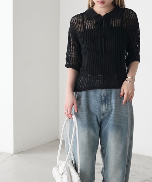 forksy.（フォルクシー）の「【forksy.】衿付きレースアップ メッシュ サマーニットポロシャツ（ポロシャツ・レディース・ブルーグレー/ブラック/オフホワイト・FREE）」の11枚目の写真