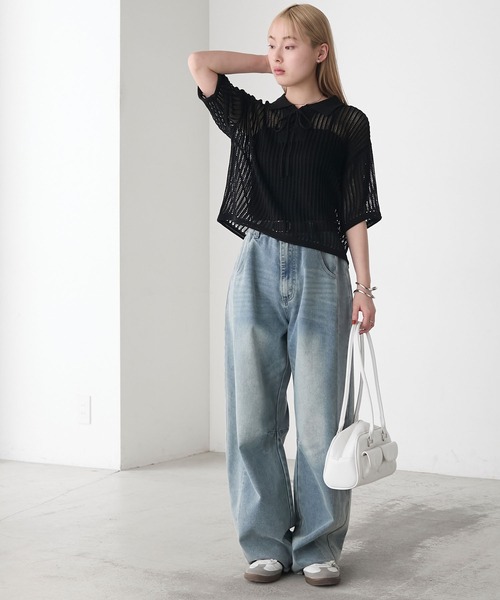 forksy.（フォルクシー）の「【forksy.】衿付きレースアップ メッシュ サマーニットポロシャツ（ポロシャツ・レディース・ブルーグレー/ブラック/オフホワイト・FREE）」の14枚目の写真