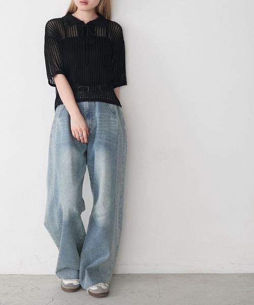 forksy.（フォルクシー）の「【forksy.】衿付きレースアップ メッシュ サマーニットポロシャツ（ポロシャツ・レディース・ブルーグレー/ブラック/オフホワイト・FREE）」の17枚目の写真