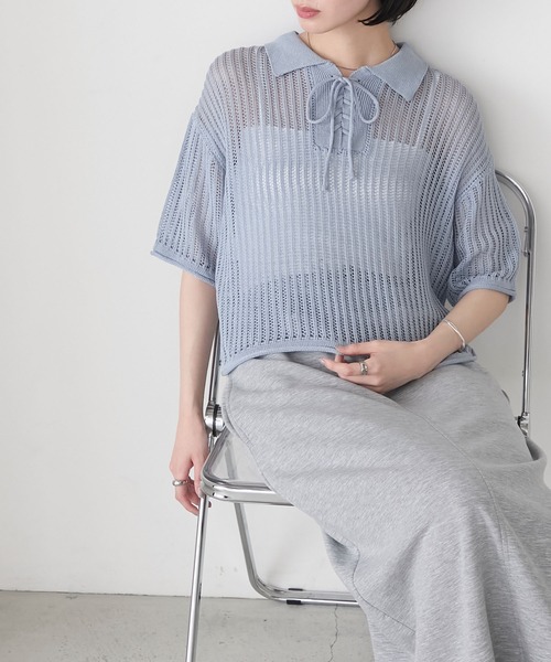 メッシュニット ポロ襟デザイン サマー 長袖トップス 透け感 She's Closet ニット セーター 透かし編み長袖ポロシャツ