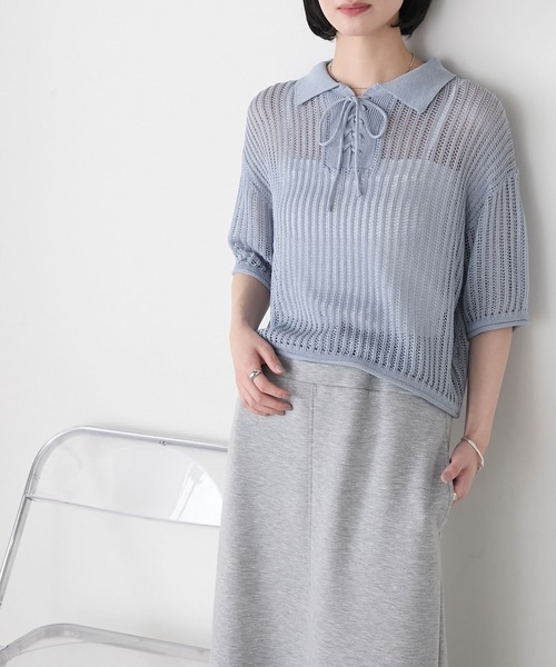 forksy.】衿付きレースアップ メッシュ サマーニットポロシャツ