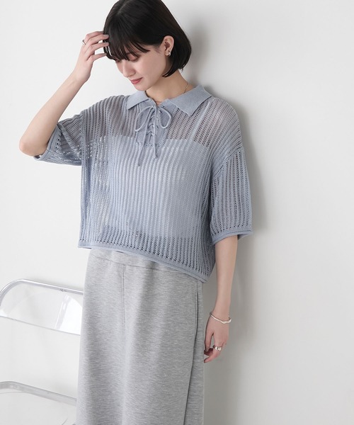 サマーニット ポロ襟 メッシュトップス 透け感 お洒落 上品 forksy.】衿付きレースアップ メッシュ サマーニットポロシャツ
