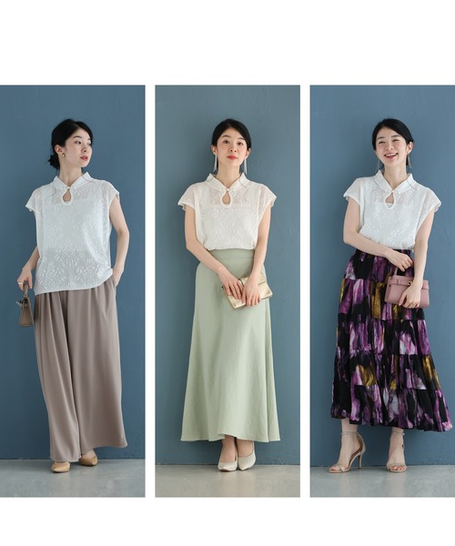 アジアンデザインな首元のメッシュカットソートップス（Tシャツ