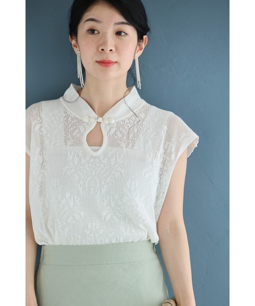 「cawaii french」売れ筋商品|||トップス カットソー 長袖 ボトルネック 花柄 刺繍 ベロア ラメ かわいい kawaii cawaii 服 服の通販 アジアンデザインな首元のメッシュカットソートップス（Tシャツ
