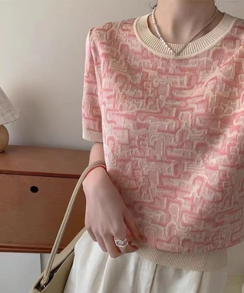 deux amour(ドゥーザムール)の「ジャガードニット半袖プルオーバートップス(ニット/セーター・レディース・ブラック/ピンク・FREE)」の7枚目の写真