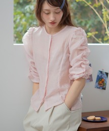 HEILIS（ヘイリス）の「【original】ドットシャーリングブラウス / シアートップス 水玉 無地 ブラウス シャツ シャーリング ギャザー 前開き 韓国 春服 秋服 夏服 オフィスカジュアル 通勤 きれいめ ガーリー フレンチシック 半袖 シアー 五分丈 春服 黒 白 紺 青 水色 ピンク ブラック ホワイト アイボリー ネイビー ブルー（シャツ/ブラウス）」