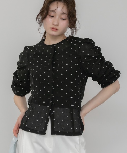 【全2色】シャーリング長袖ブラウス　ベージュ ブラック【250410top1】( jmam )(250416) セール】【original】ドットシャーリングブラウス/シアー