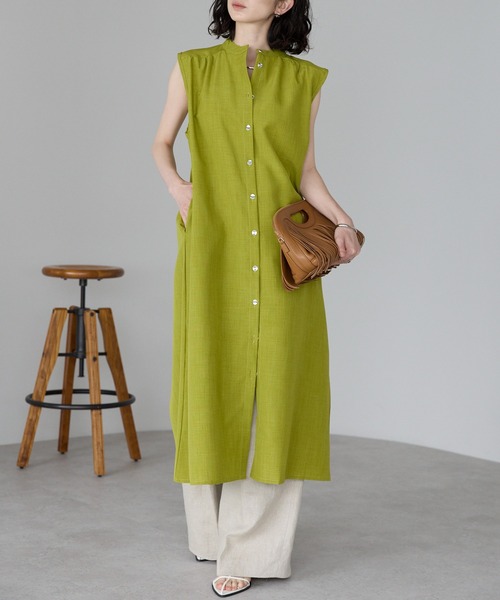 【HOBBS】鮮やかイエロー◇ノースリーブシャツワンピース セール】スタンドカラーノースリーブシャツワンピース