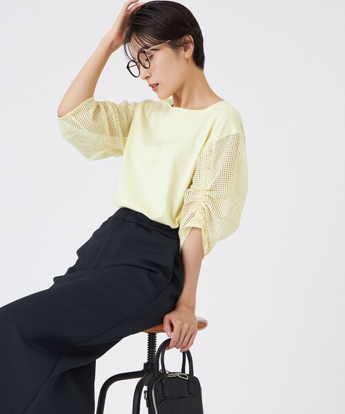 EVEX by KRIZIA（エヴェックスバイクリツィア）の「【L】【ウォッシャブル】メッシュコンビカットソー（Tシャツ/カットソー・レディース・オフホワイト/グリーン系その他4/イエロー・44）」の3枚目の写真